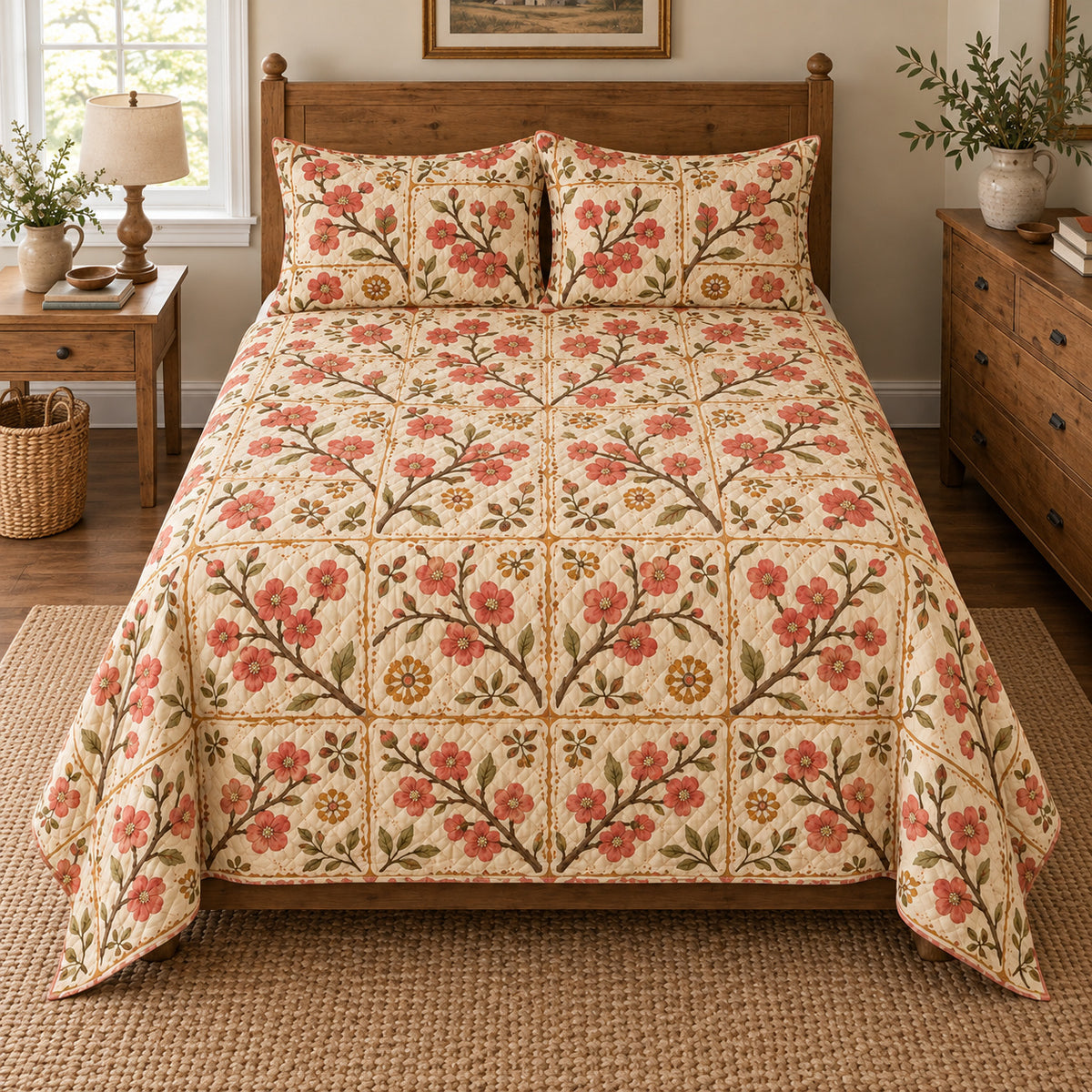 Flowering Quince quilt set, elevated direct frontal view, AI-generated mockup