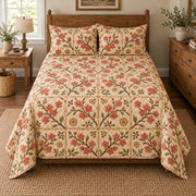 Flowering Quince quilt set, elevated direct frontal view, AI-generated mockup