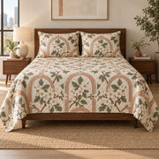 Hawthorn Blossom quilt set, centered front view, AI-generated mockup