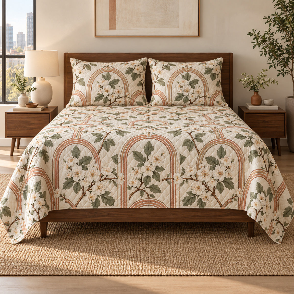 Hawthorn Blossom quilt set, centered front view, AI-generated mockup