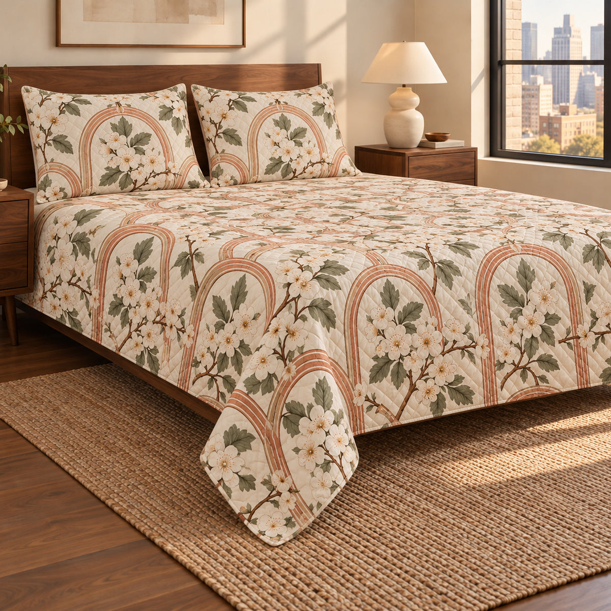 Hawthorn Blossom quilt set, wide front-left angle, AI-generated mockup
