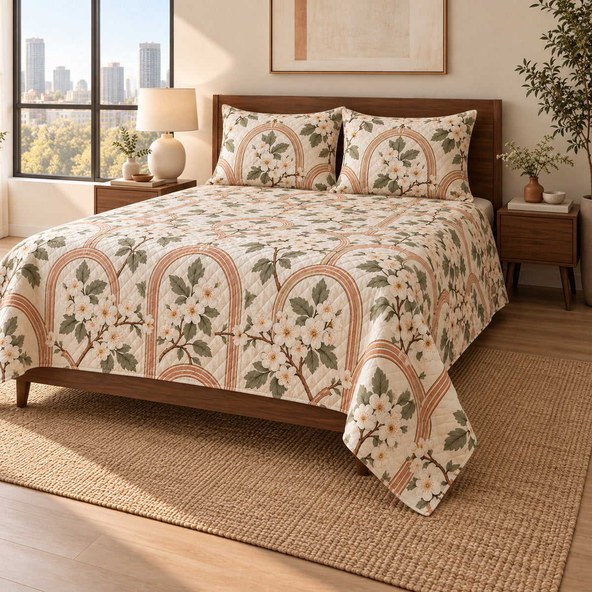 Hawthorn Blossom quilt set, wide front-right angle, AI-generated mockup