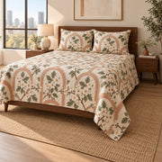 Hawthorn Blossom quilt set, wide front-right angle, AI-generated mockup