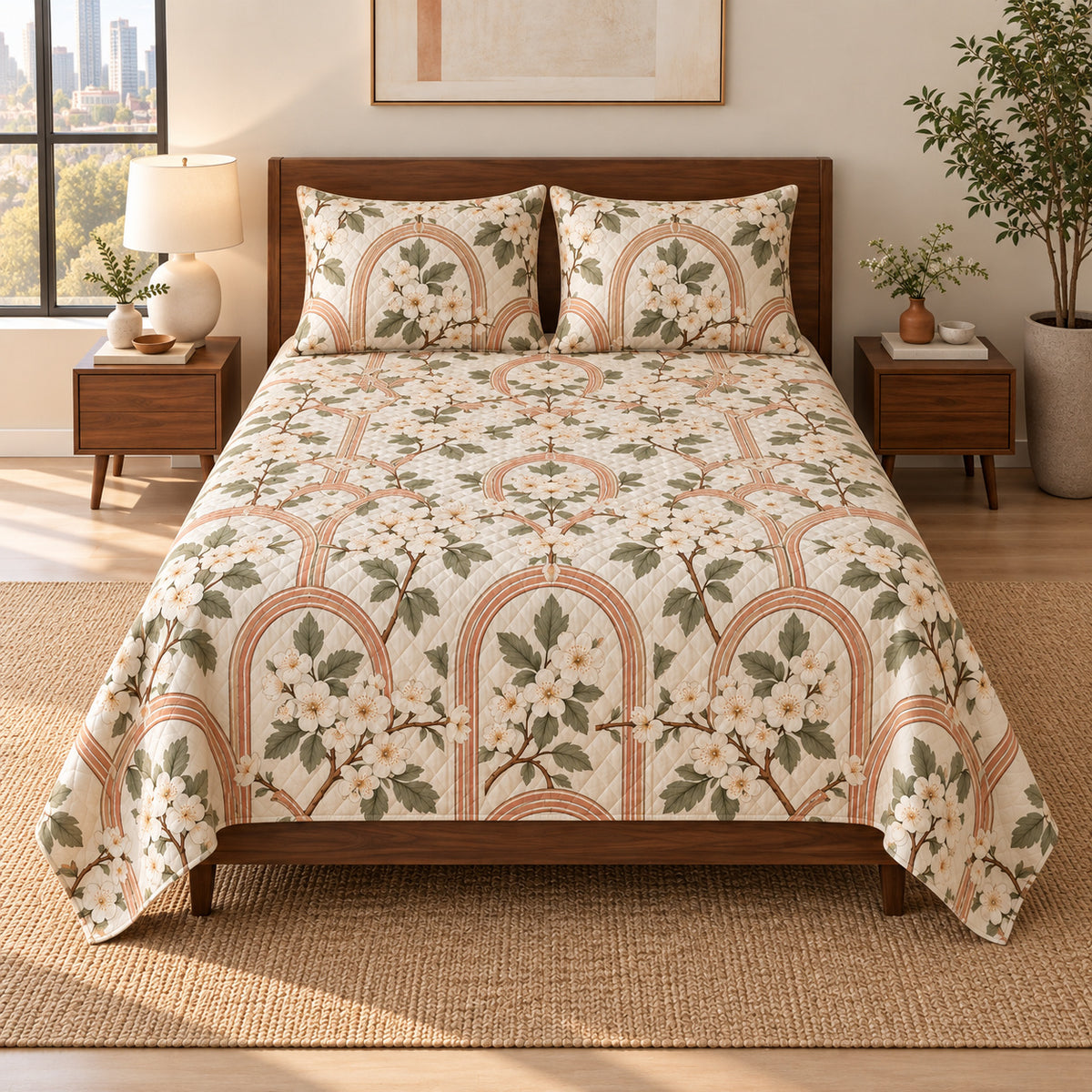 Hawthorn Blossom quilt set, elevated direct frontal view, AI-generated mockup