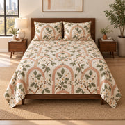 Hawthorn Blossom quilt set, elevated direct frontal view, AI-generated mockup