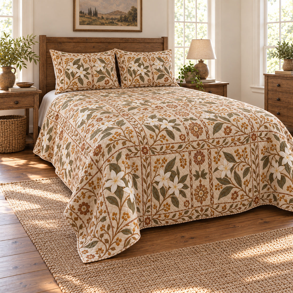 Stephanotis quilt set, wide front-left angle, AI-generated mockup