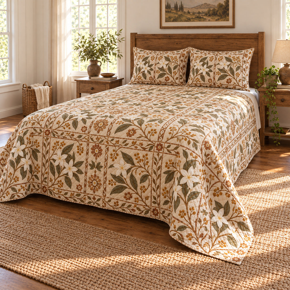 Stephanotis quilt set, wide front-right angle, AI-generated mockup