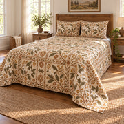 Stephanotis quilt set, wide front-right angle, AI-generated mockup