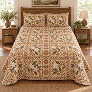 Stephanotis quilt set, elevated direct frontal view, AI-generated mockup