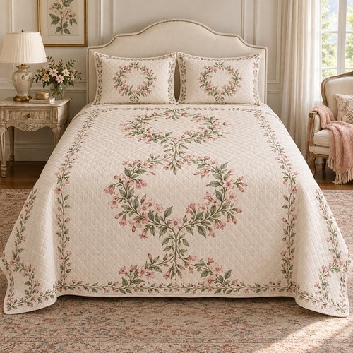 Abelia Blossom quilt set, centered front view, AI-generated mockup