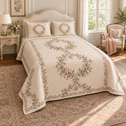 Abelia Blossom quilt set, wide front-left angle, AI-generated mockup