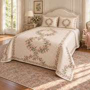 Abelia Blossom quilt set, wide front-right angle, AI-generated mockup