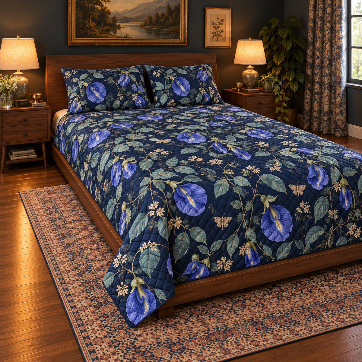 Butterfly Pea Flower quilt set, wide front-left angle, AI-generated mockup