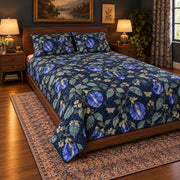 Butterfly Pea Flower quilt set, wide front-left angle, AI-generated mockup