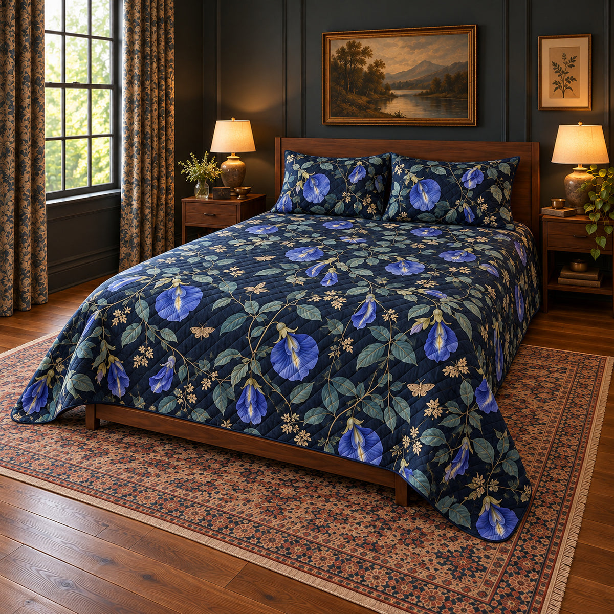 Butterfly Pea Flower quilt set, wide front-right angle, AI-generated mockup