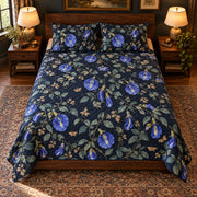 Butterfly Pea Flower quilt set, high elevated direct frontal view, AI-generated mockup