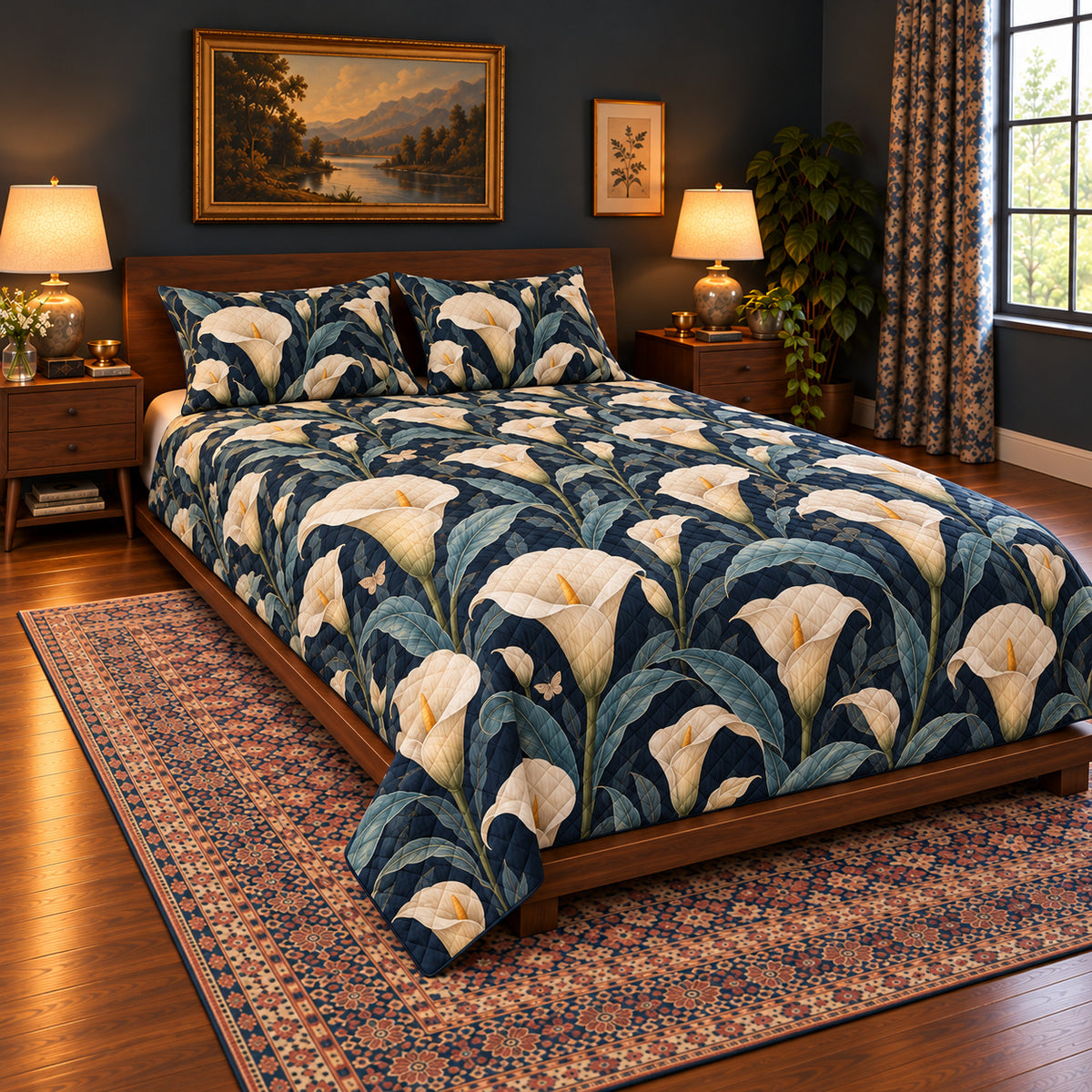Front-left view of Calla Lily quilt set, AI-generated mockup