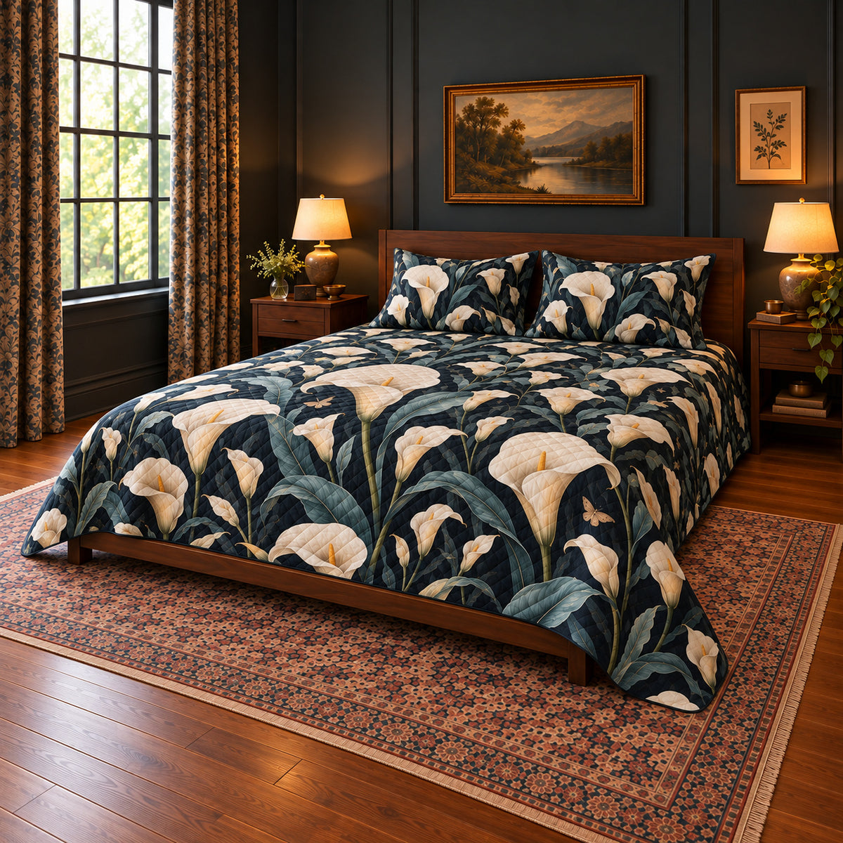Front-right view of Calla Lily quilt set, AI-generated mockup