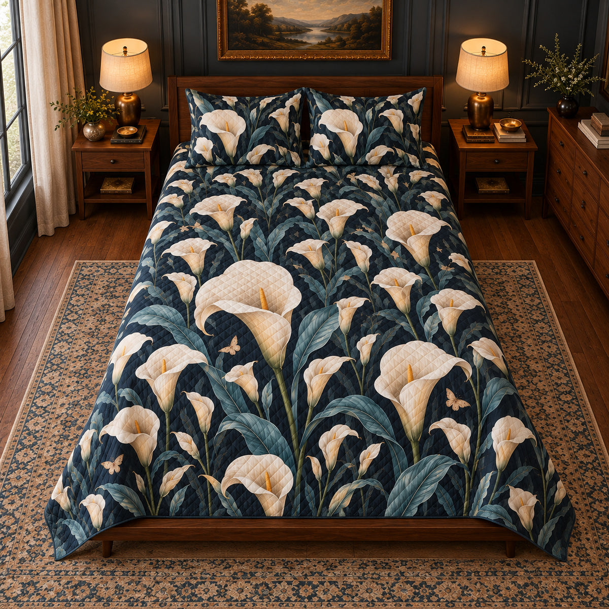 High centered view of Calla Lily quilt set, AI-generated mockup