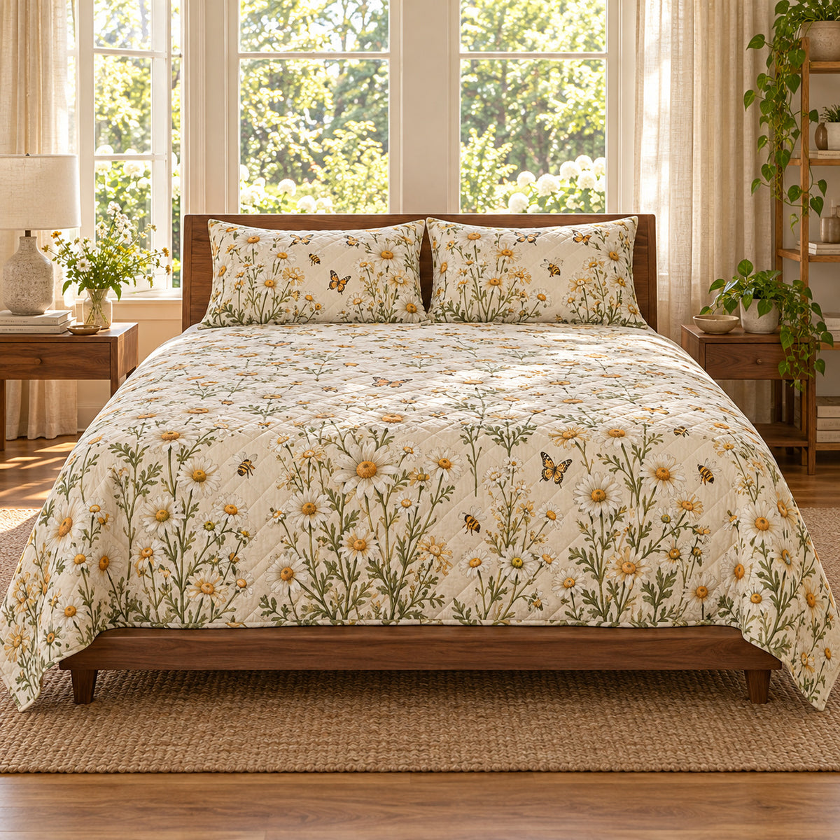 Front view of Chamomile quilt set, AI-generated mockup