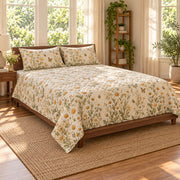 Front-left view of Chamomile quilt set, AI-generated mockup