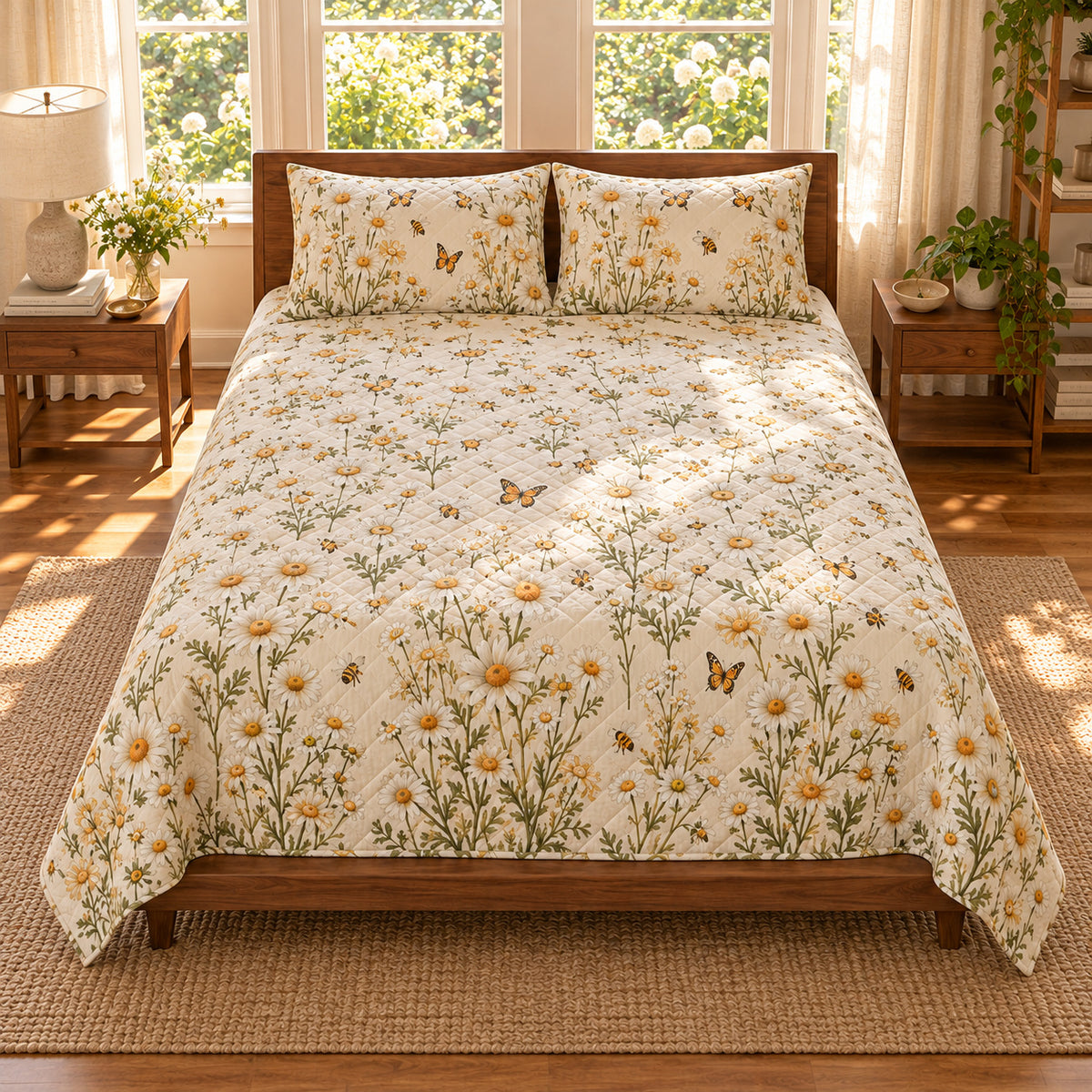 High centered view of Chamomile quilt set, AI-generated mockup