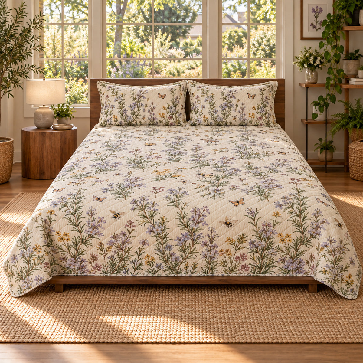 Rosemary Blossoms Quilt Set, centered front view, AI-generated product mockup