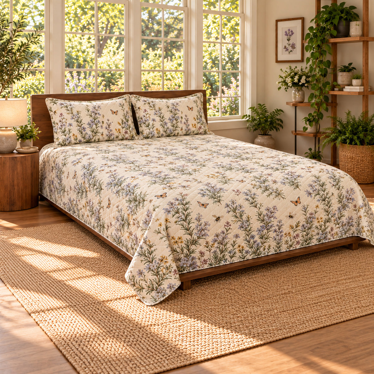 Rosemary Blossoms Quilt Set, wide front-left view, AI-generated product mockup