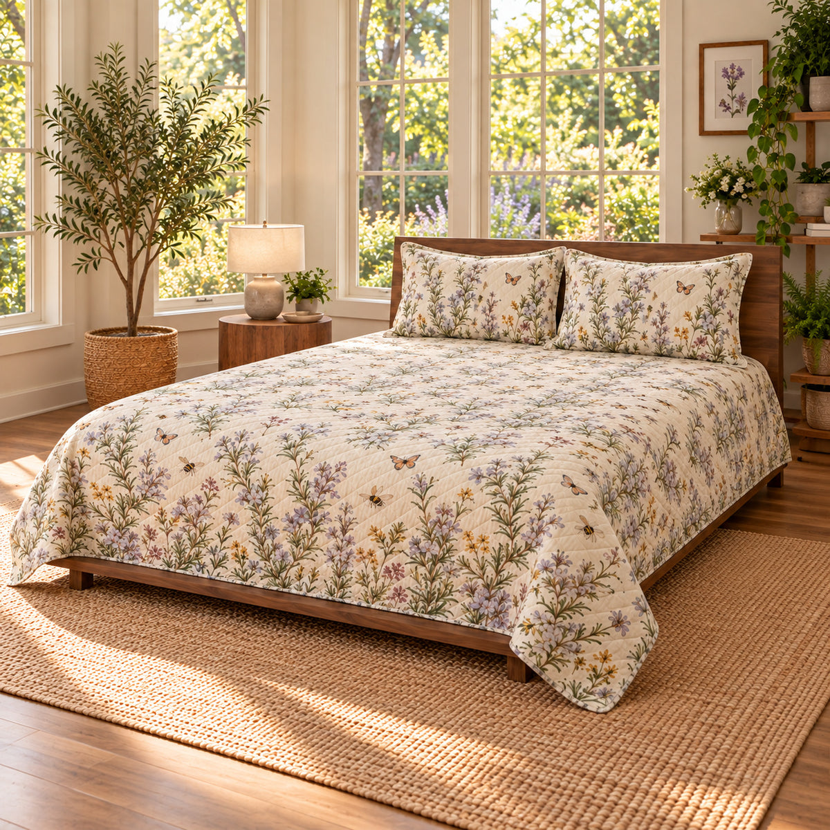 Rosemary Blossoms Quilt Set, wide front-right view, AI-generated product mockup