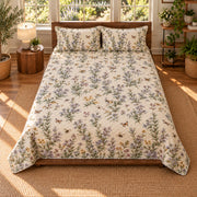 Rosemary Blossoms Quilt Set, elevated direct front view, AI-generated product mockup