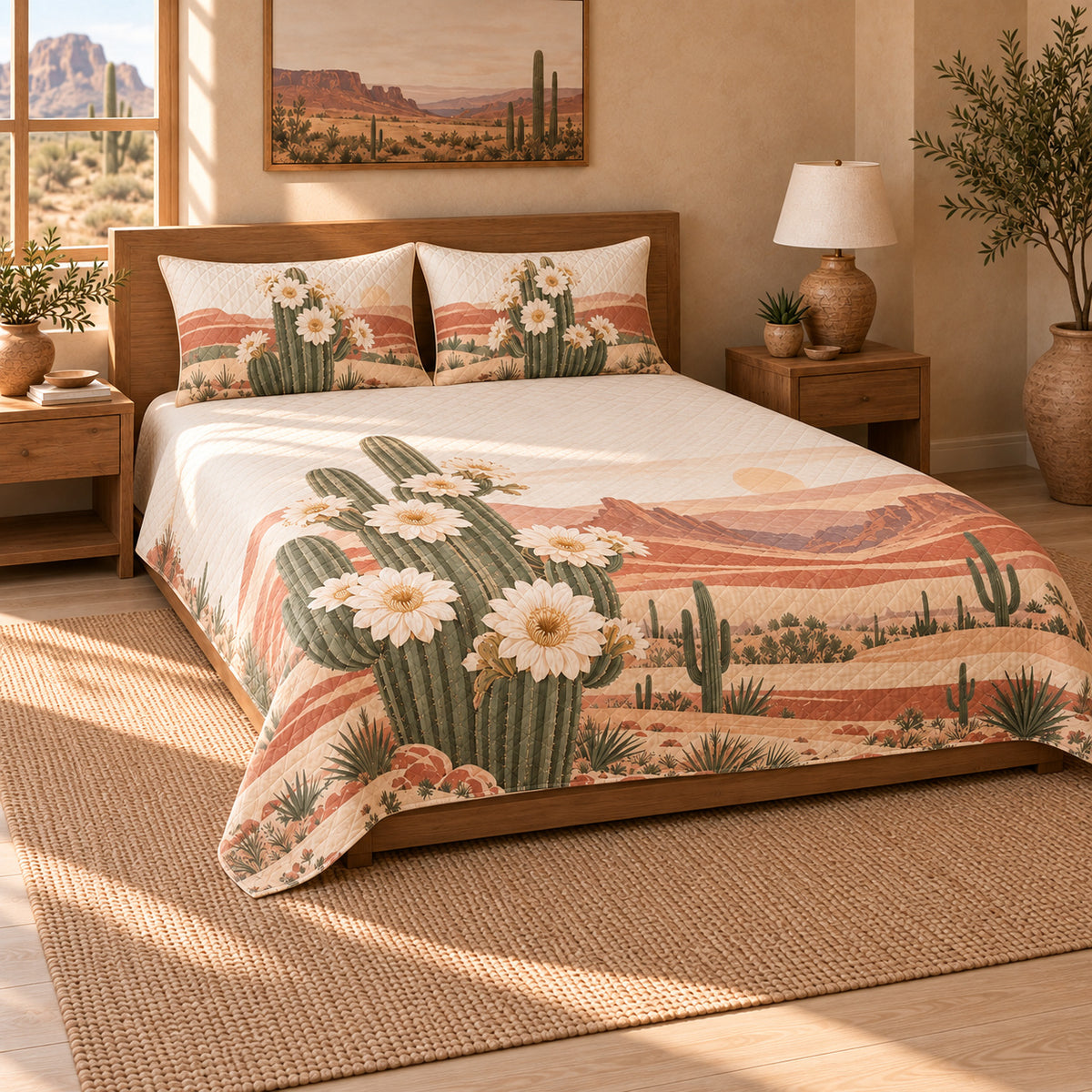 Saguaro Blossom Quilt Set, wide front-left view, AI-generated product mockup