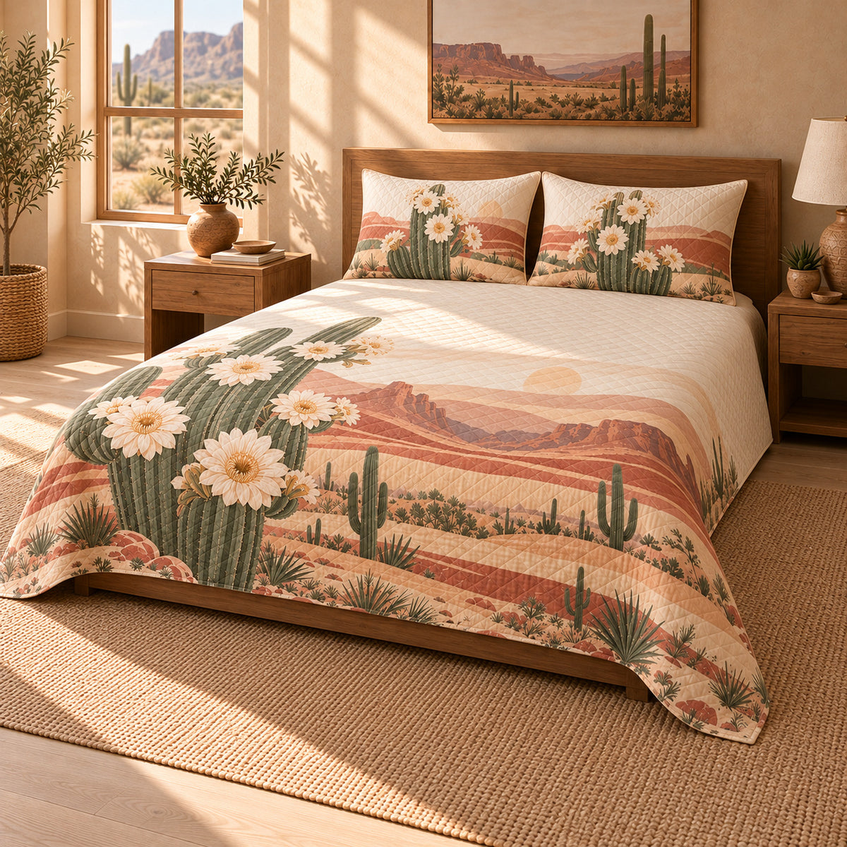 Saguaro Blossom Quilt Set, wide front-right view, AI-generated product mockup