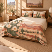 Saguaro Blossom Quilt Set, wide front-right view, AI-generated product mockup