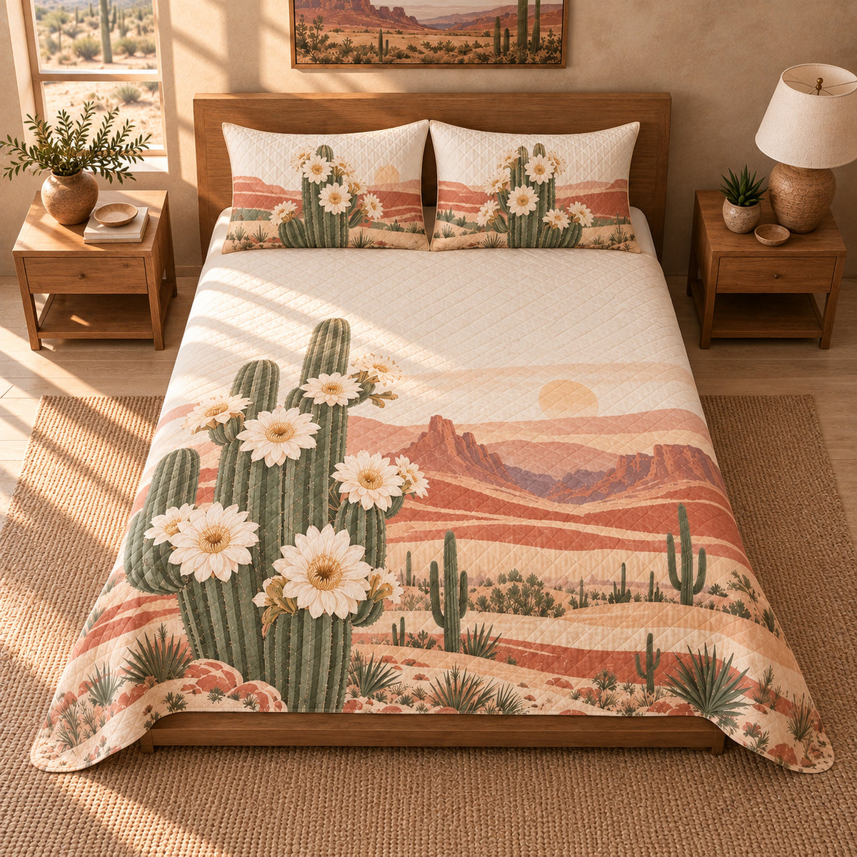 Saguaro Blossom Quilt Set, elevated direct front view, AI-generated product mockup