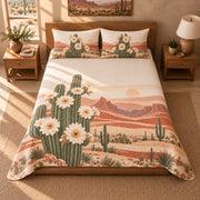 Saguaro Blossom Quilt Set, elevated direct front view, AI-generated product mockup