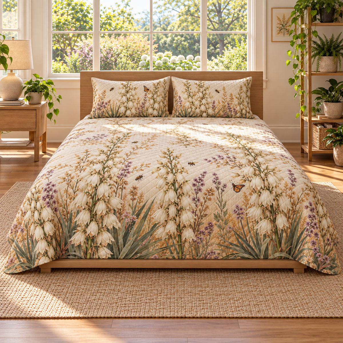 Yucca Bloom Quilt Set, centered front view, AI-generated product mockup