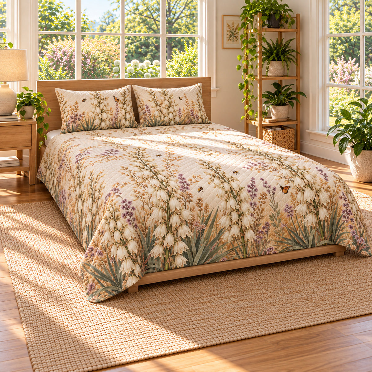 Yucca Bloom Quilt Set, wide front-left view, AI-generated product mockup