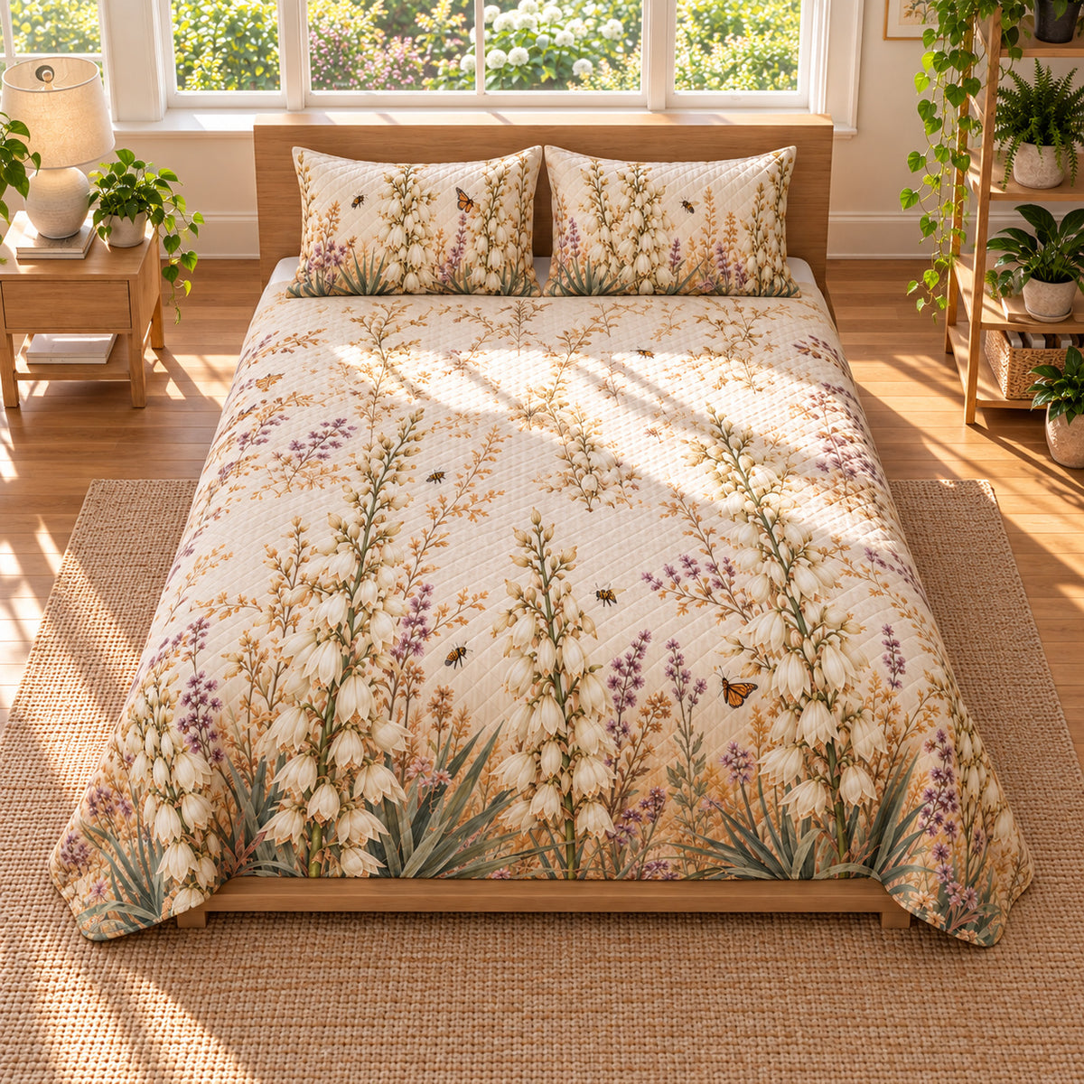 Yucca Bloom Quilt Set, elevated direct front view, AI-generated product mockup