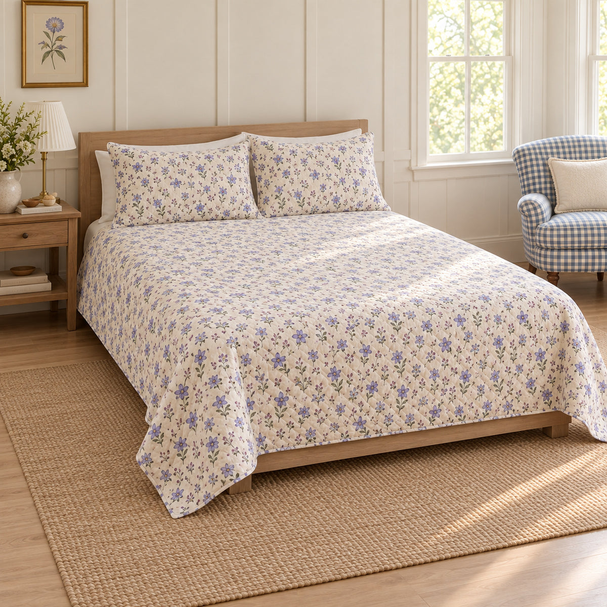 AI-generated mockup, pulled-back front-left view of Balloon Flower quilt set with matching pillows and diamond quilting.