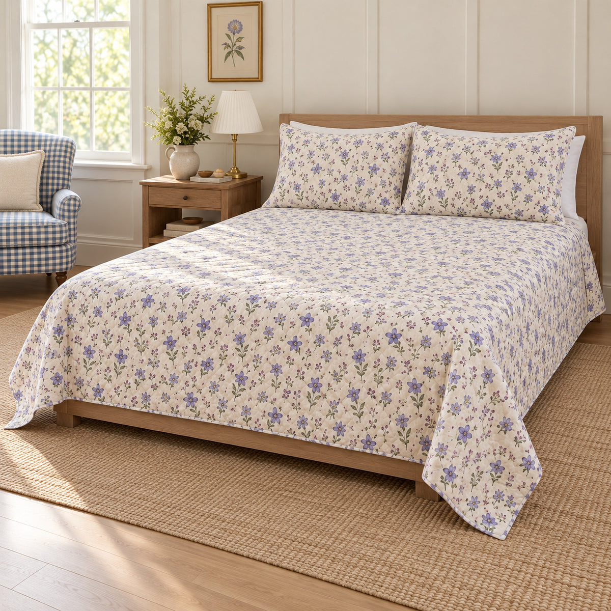 AI-generated mockup, pulled-back front-right view of Balloon Flower quilt set showing the opposite side of the bed.