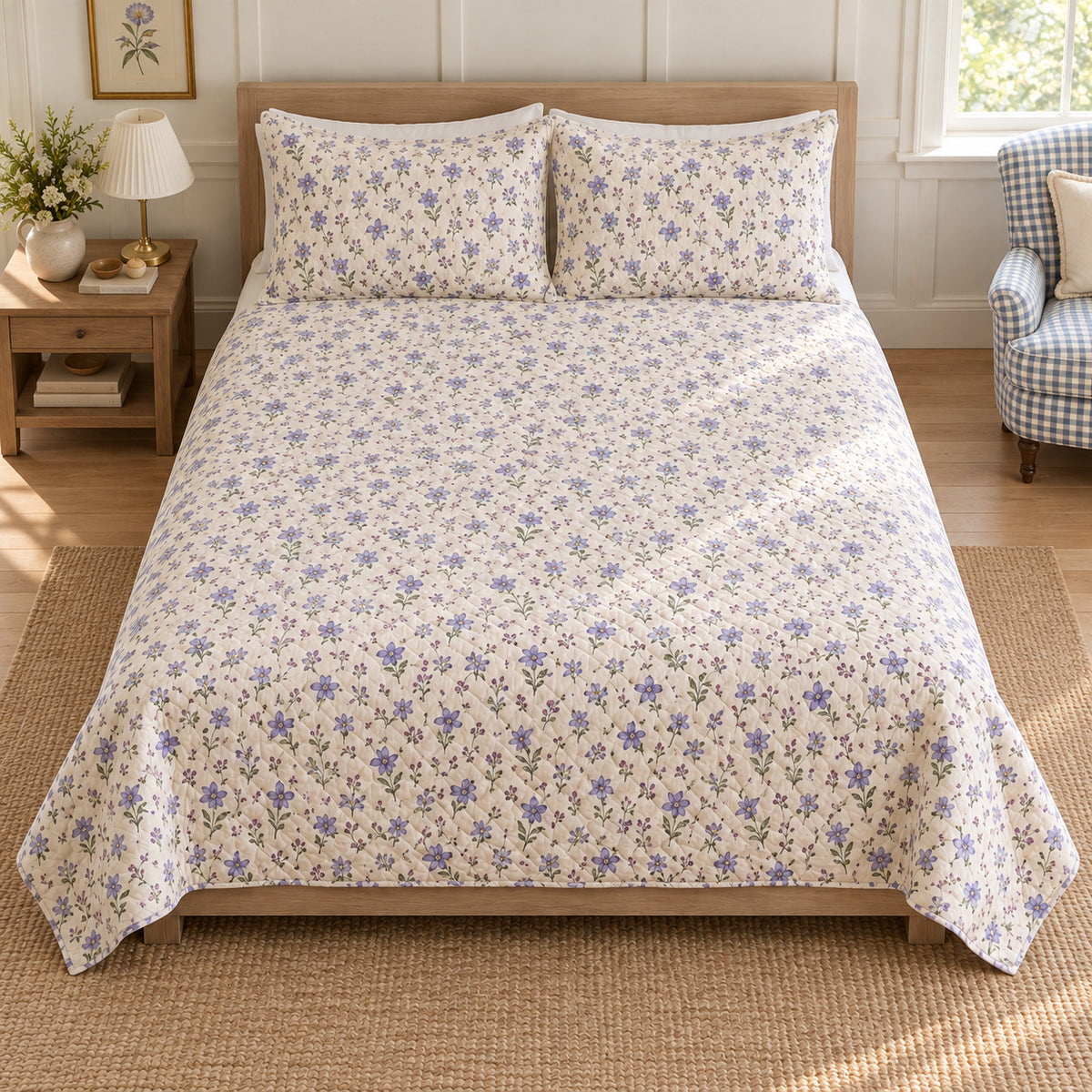 AI-generated mockup, elevated directly frontal view of Balloon Flower quilt set and matching printed pillows.