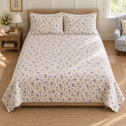 AI-generated mockup, elevated directly frontal view of Balloon Flower quilt set and matching printed pillows.