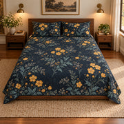 AI-generated mockup, centered front view of Buttercup Midnight Botanical quilt set on a long low-profile bed.