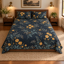 Buttercup Quilt Set, Midnight Botanical Bedding, Gift for Buttercup and Garden Lovers