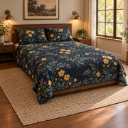 AI-generated mockup, pulled-back front-left view of Buttercup Midnight Botanical quilt set with diamond quilting.