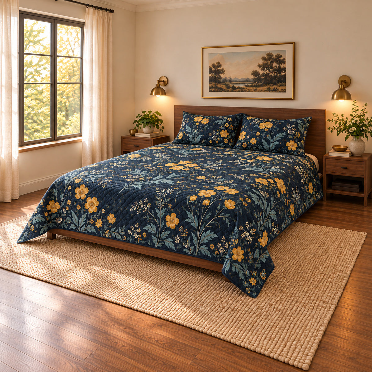 AI-generated mockup, pulled-back front-right view showing the opposite side of the Buttercup quilt set.