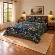 AI-generated mockup, pulled-back front-right view showing the opposite side of the Buttercup quilt set.