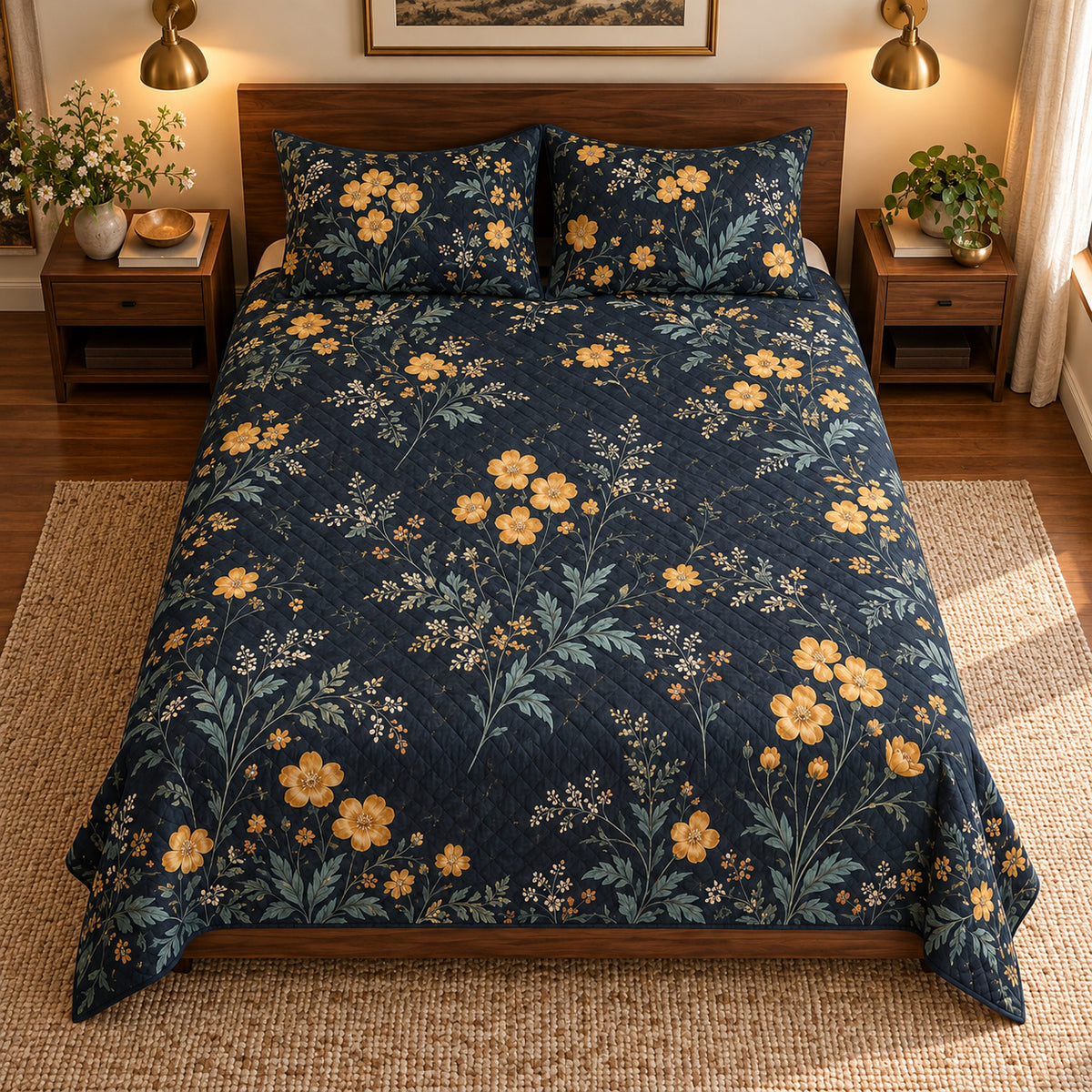 AI-generated mockup, high elevated directly frontal view of Buttercup Midnight Botanical quilt set.