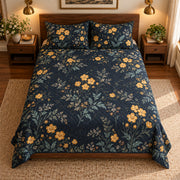 AI-generated mockup, high elevated directly frontal view of Buttercup Midnight Botanical quilt set.