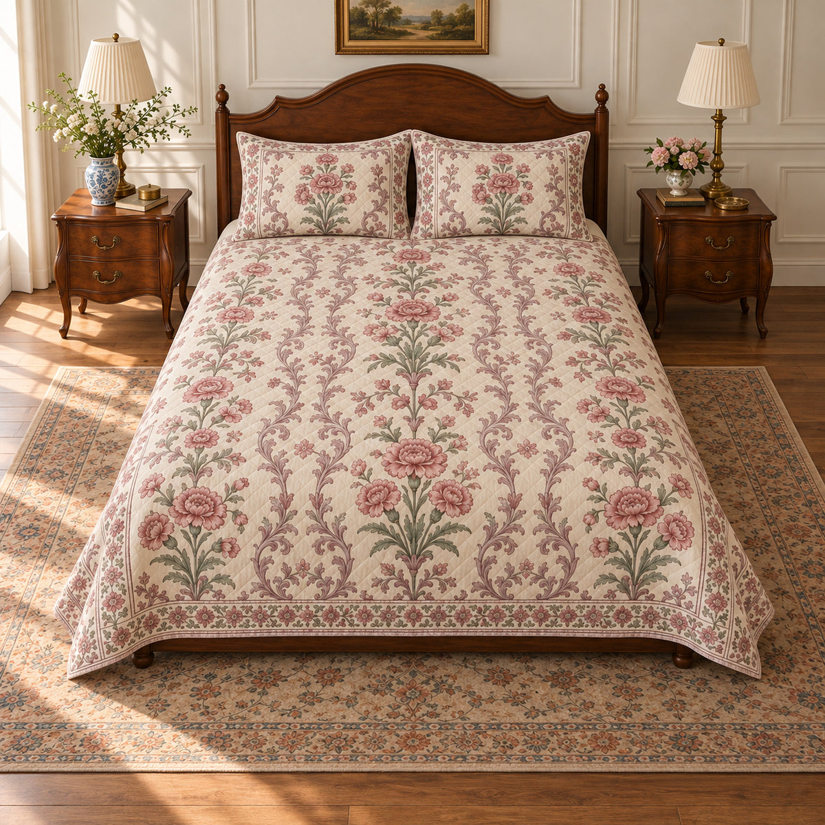 AI-generated mockup, centered front view of Carnation Traditional Floral Tapestry quilt set on a low-profile bed.